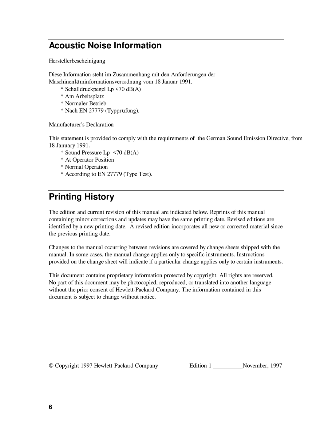 HP 6631B, 6633B, 6632B, 6634B manual Acoustic Noise Information, Printing History 