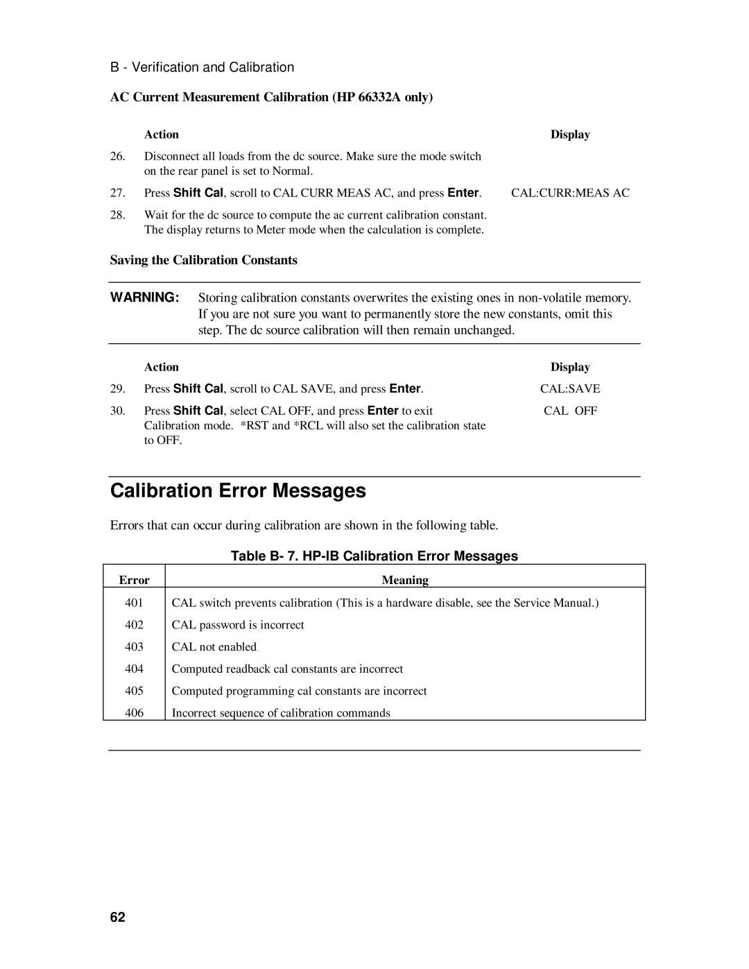 HP 6631B Calibration Error Messages, AC Current Measurement Calibration HP 66332A only, Saving the Calibration Constants 