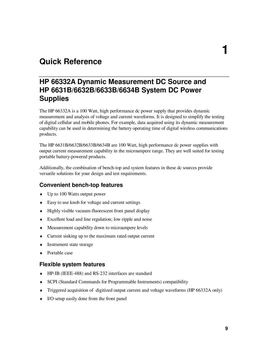 HP 6632B, 6633B, 6631B, 6634B manual Quick Reference, Convenient bench-top features, Flexible system features 