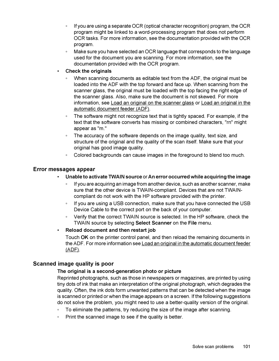 HP 6700 Error messages appear, Scanned image quality is poor, Check the originals, Reload document and then restart job 