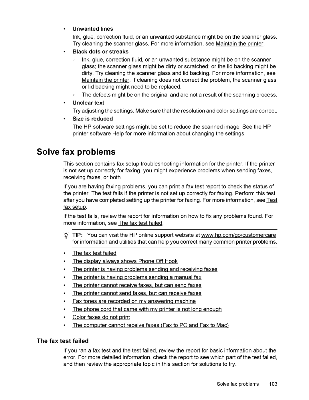 HP 6700 manual Solve fax problems, Fax test failed, Size is reduced 