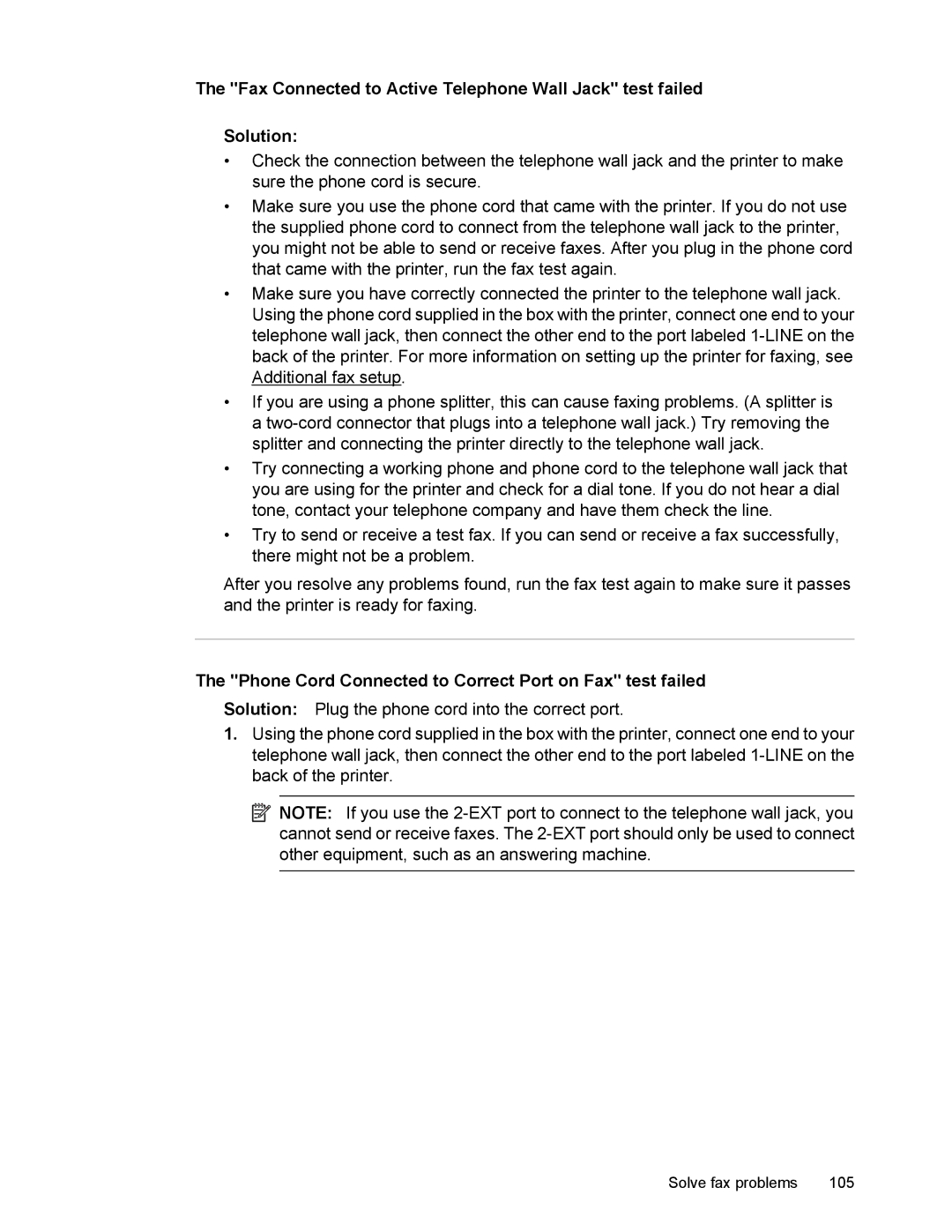 HP 6700 manual Phone Cord Connected to Correct Port on Fax test failed 