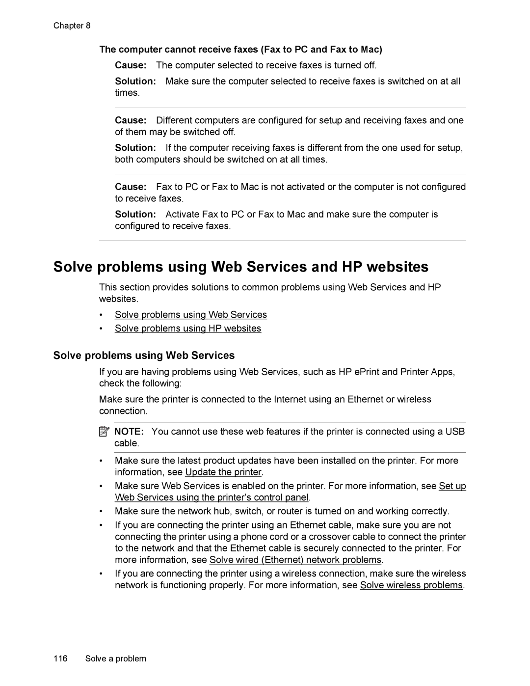 HP 6700 manual Solve problems using Web Services and HP websites, Computer cannot receive faxes Fax to PC and Fax to Mac 