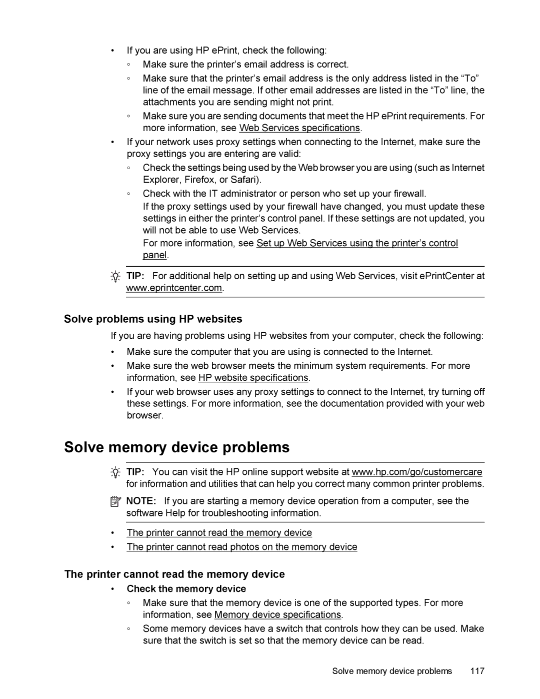 HP 6700 manual Solve memory device problems, Solve problems using HP websites, Printer cannot read the memory device 