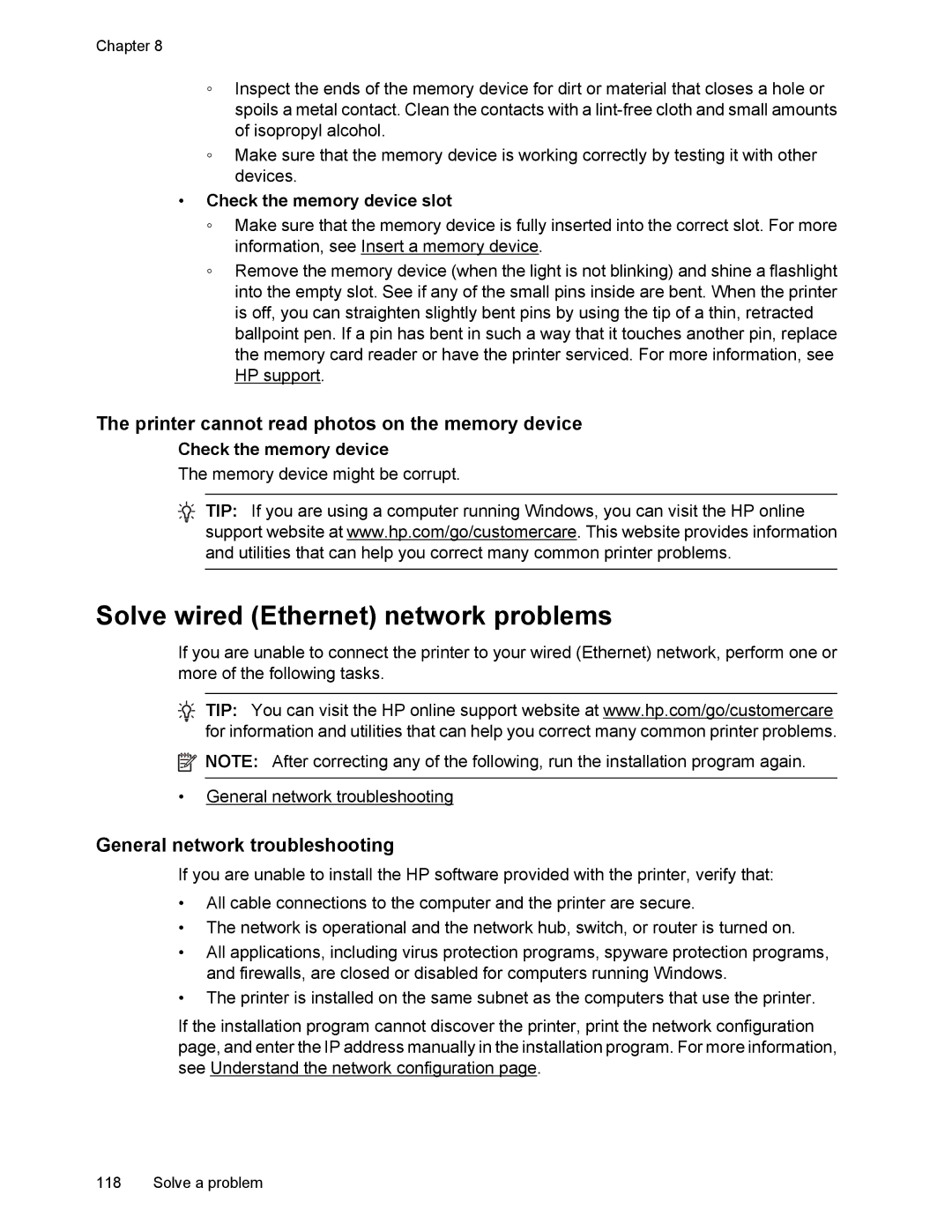 HP 6700 manual Solve wired Ethernet network problems, Printer cannot read photos on the memory device 