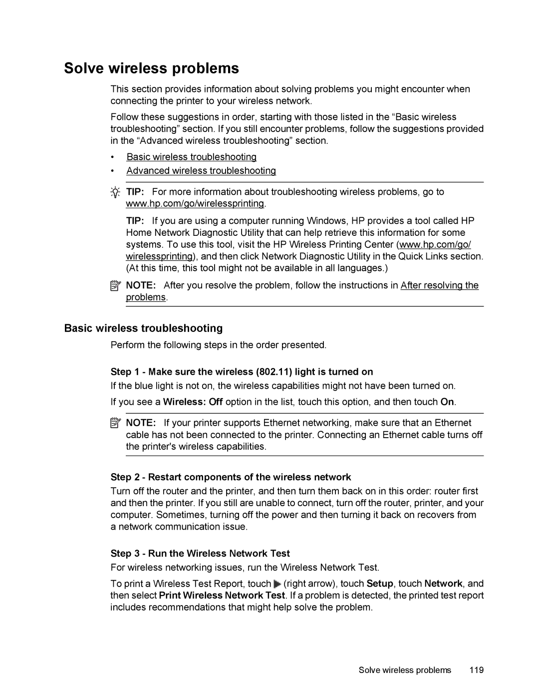 HP 6700 manual Solve wireless problems, Basic wireless troubleshooting, Make sure the wireless 802.11 light is turned on 