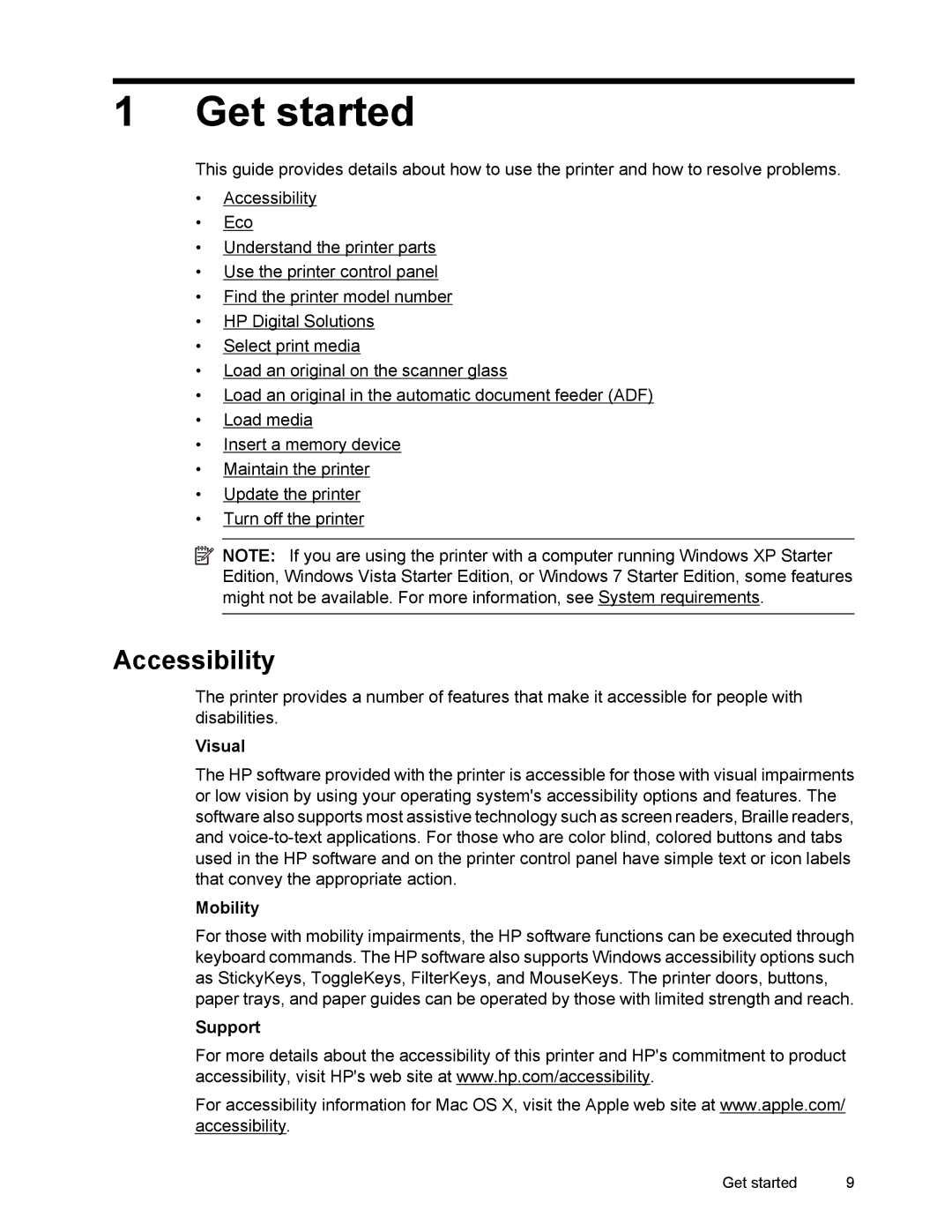 HP 6700 manual Get started, Accessibility, Visual, Mobility, Support 