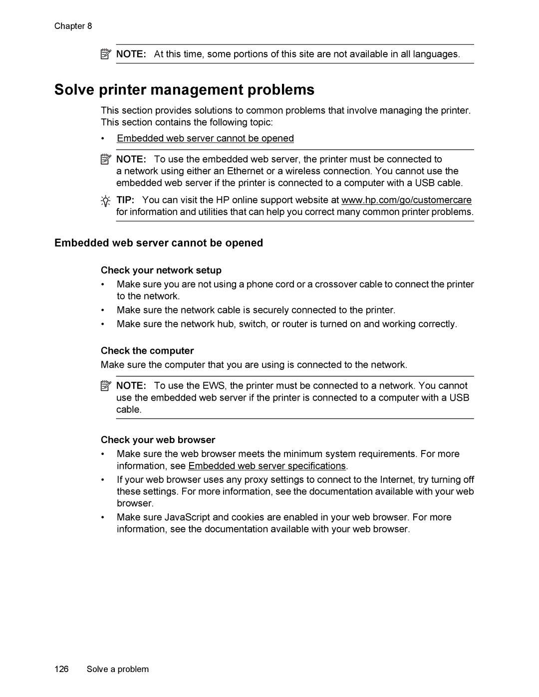 HP 6700 manual Solve printer management problems, Embedded web server cannot be opened, Check your network setup 