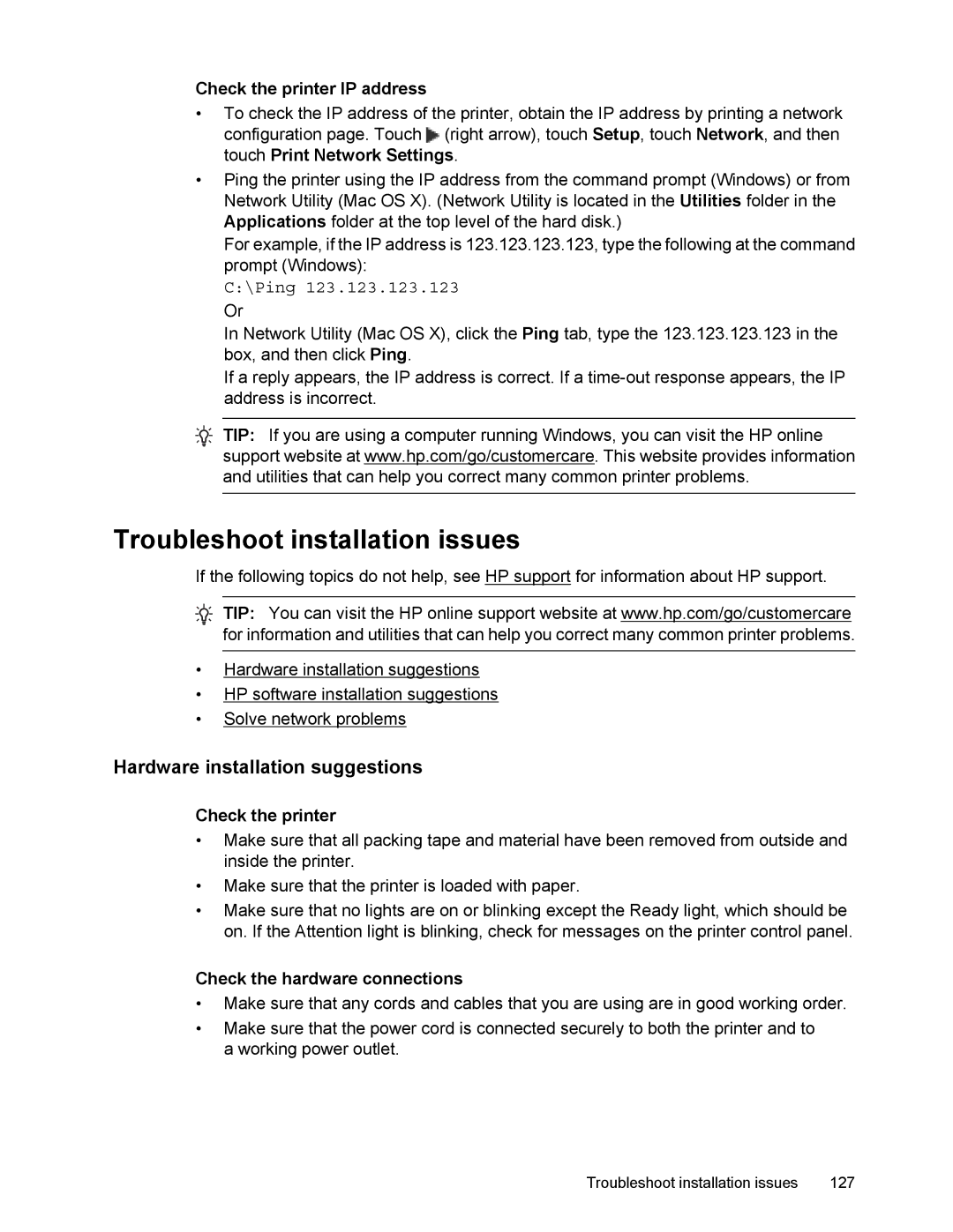 HP 6700 manual Troubleshoot installation issues, Hardware installation suggestions, Check the printer IP address 