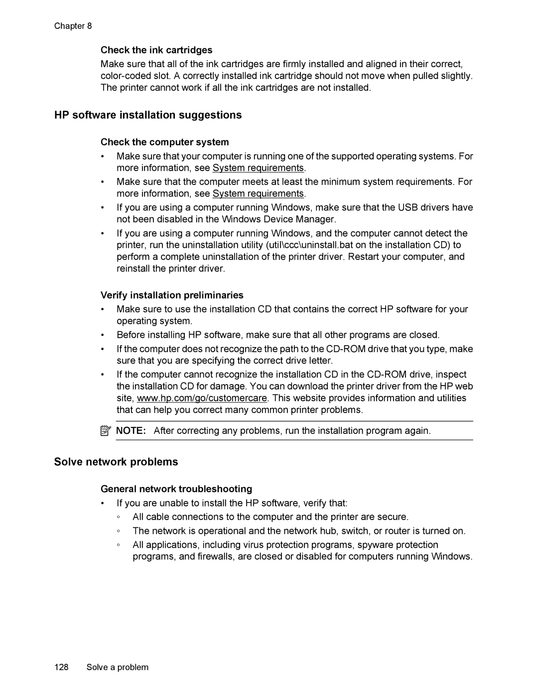 HP 6700 manual HP software installation suggestions, Solve network problems, Check the computer system 