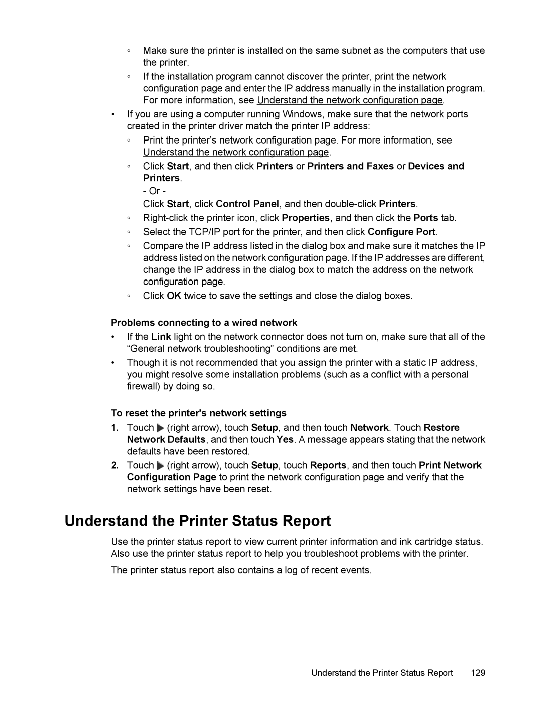 HP 6700 manual Understand the Printer Status Report, Problems connecting to a wired network 