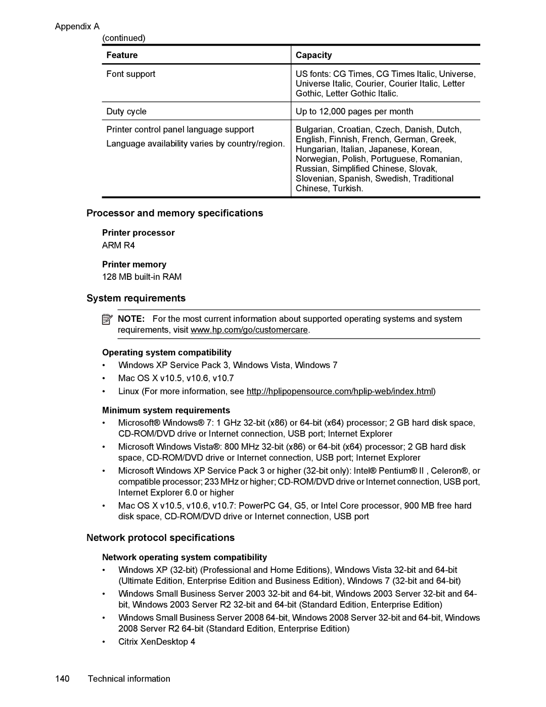 HP 6700 manual Processor and memory specifications, System requirements, Network protocol specifications 