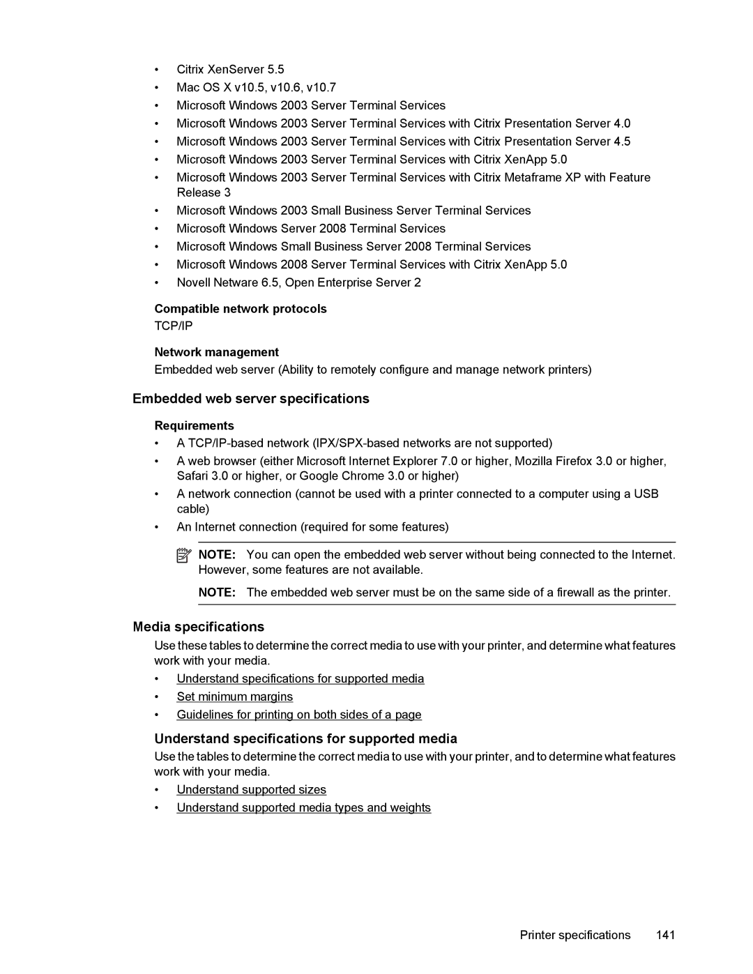 HP 6700 manual Embedded web server specifications, Media specifications, Understand specifications for supported media 