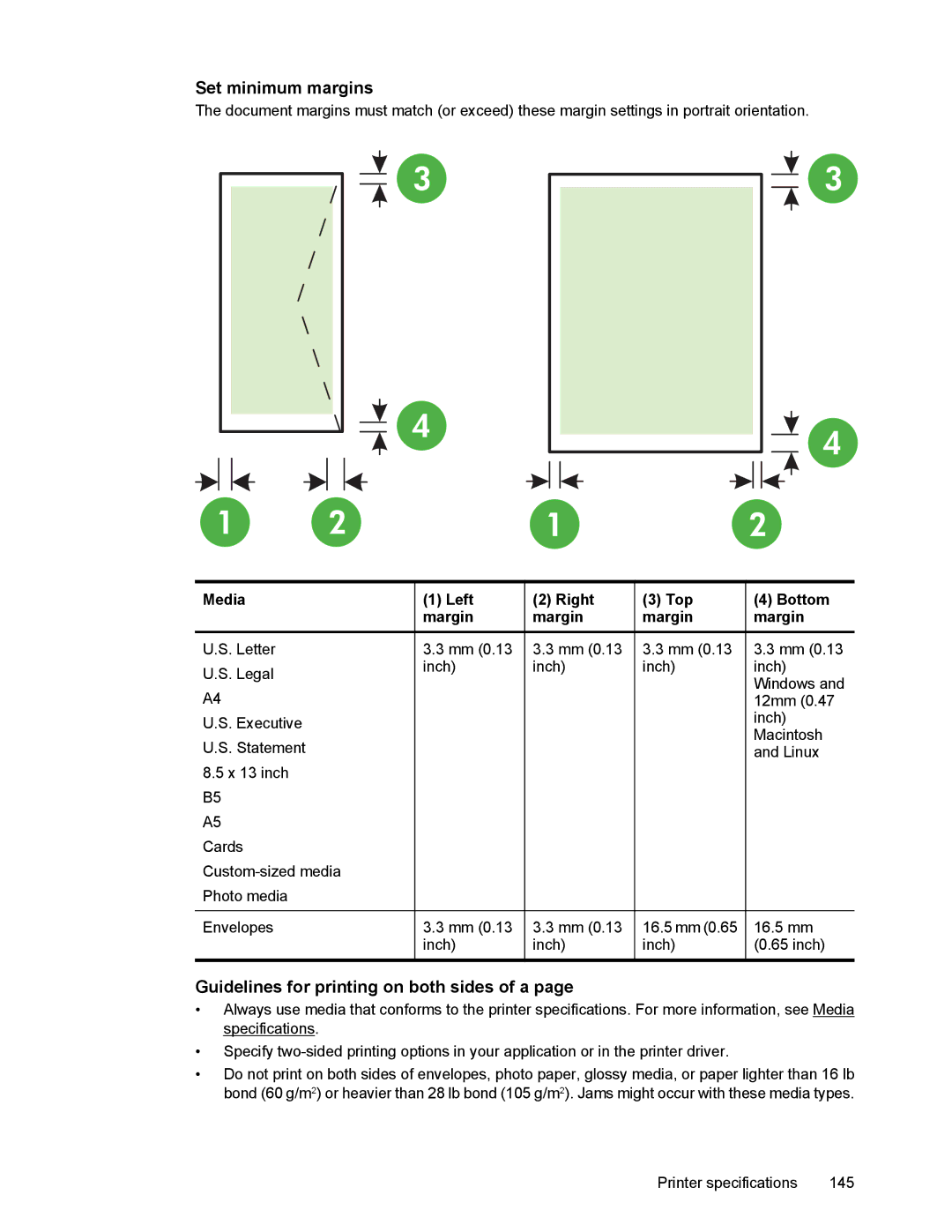 HP 6700 manual Set minimum margins, Guidelines for printing on both sides of a, Media Left Right Top Bottom Margin 