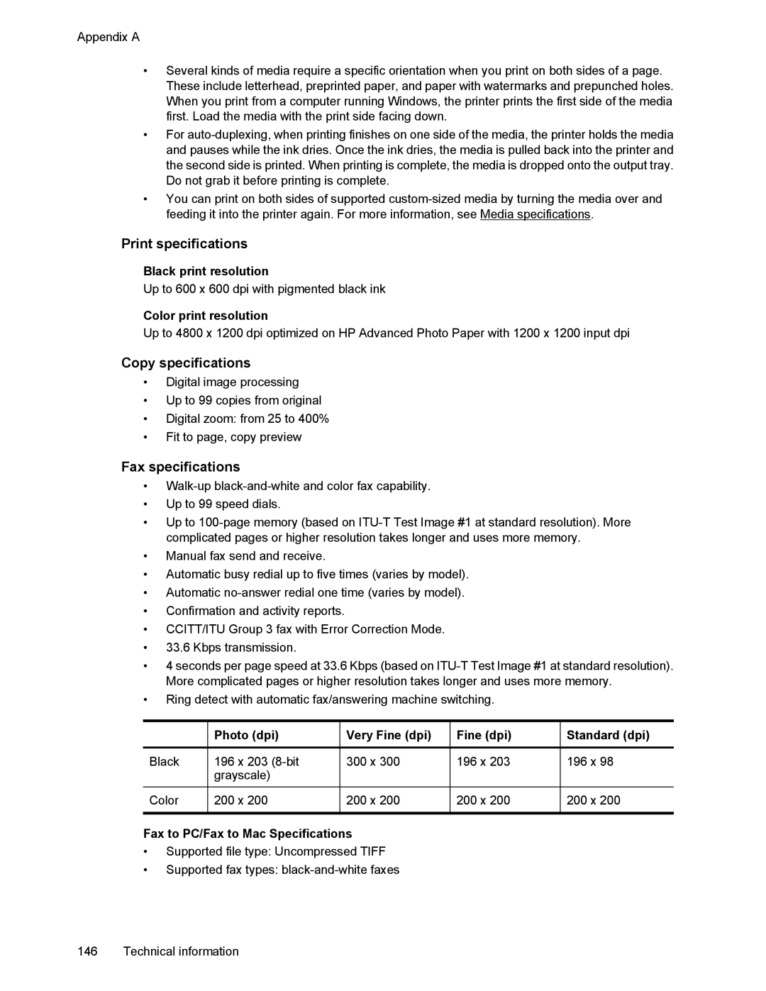 HP 6700 manual Print specifications, Copy specifications, Fax specifications 