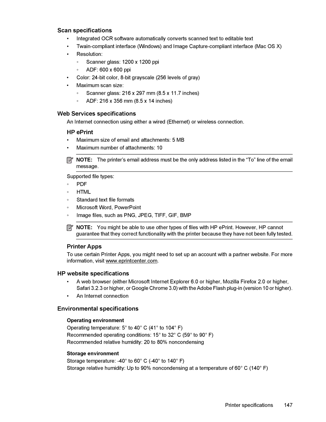 HP 6700 manual Scan specifications, Web Services specifications, HP ePrint, Printer Apps HP website specifications 