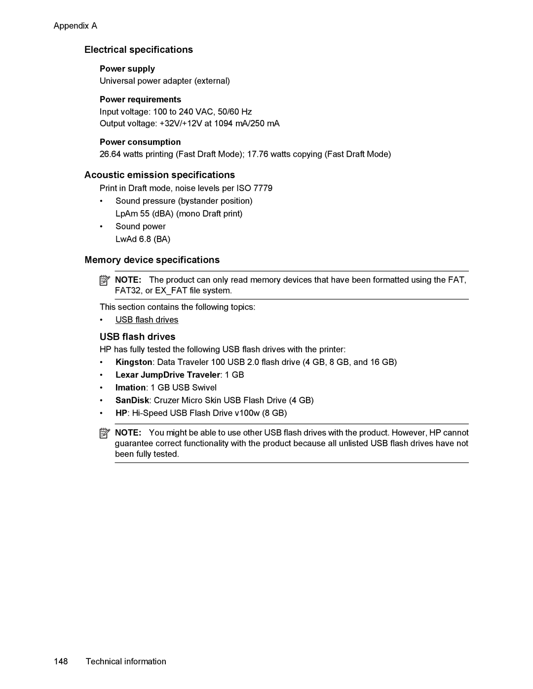 HP 6700 manual Electrical specifications, Acoustic emission specifications, Memory device specifications, USB flash drives 