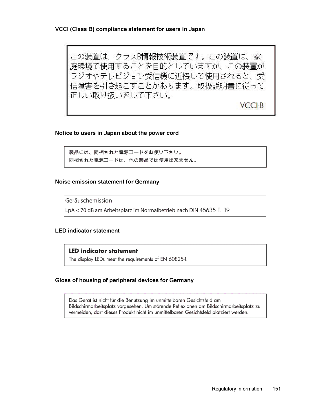 HP 6700 manual LED indicator statement, Gloss of housing of peripheral devices for Germany 