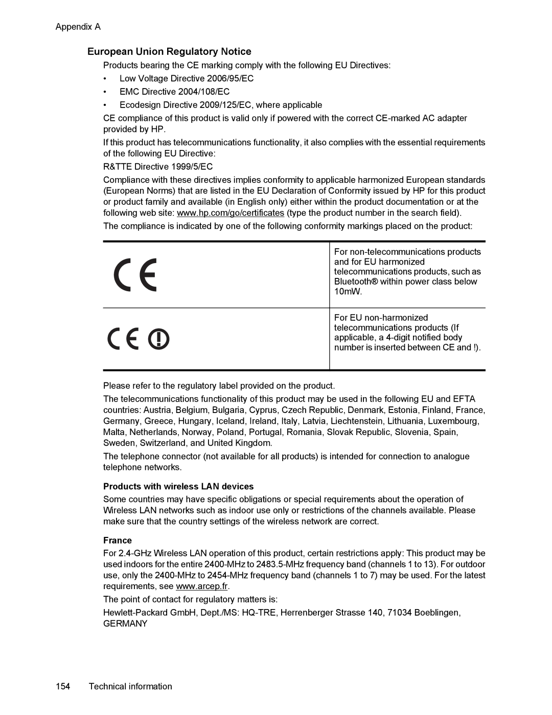 HP 6700 manual European Union Regulatory Notice, Products with wireless LAN devices, France 