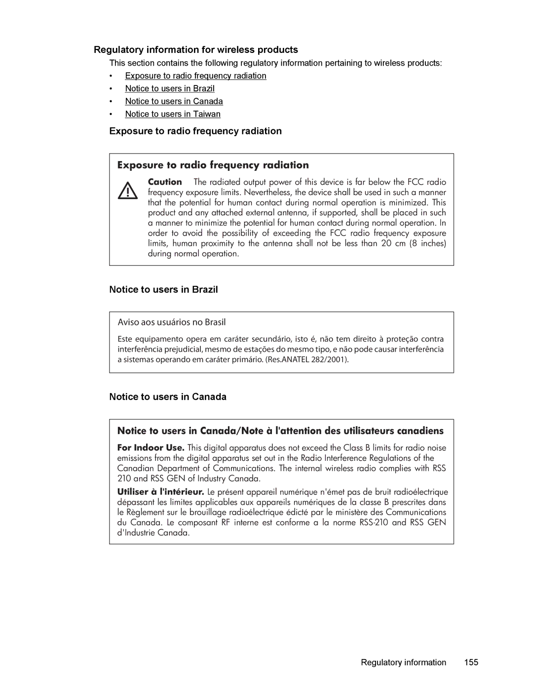 HP 6700 manual Regulatory information for wireless products, Exposure to radio frequency radiation 