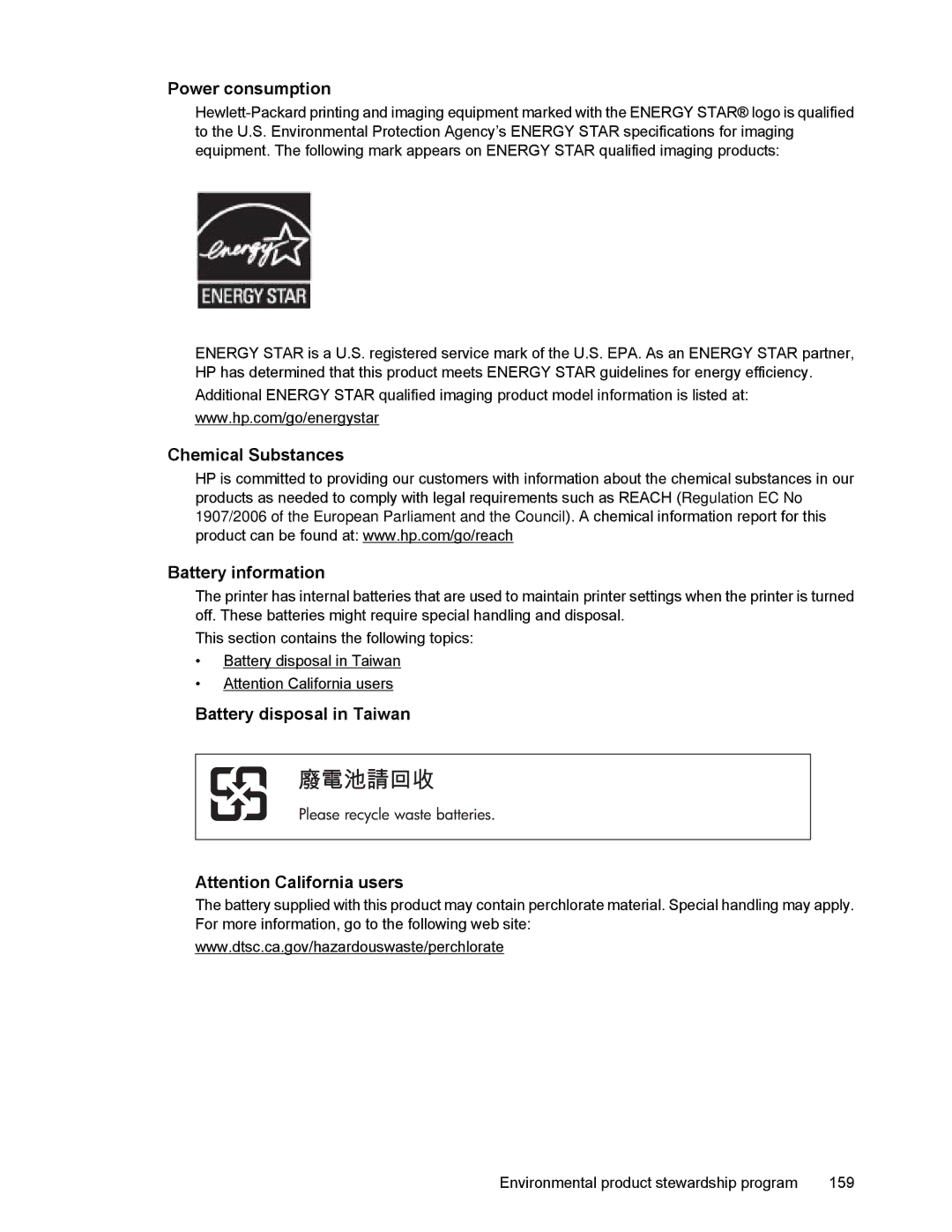 HP 6700 manual Power consumption, Chemical Substances Battery information, Battery disposal in Taiwan 