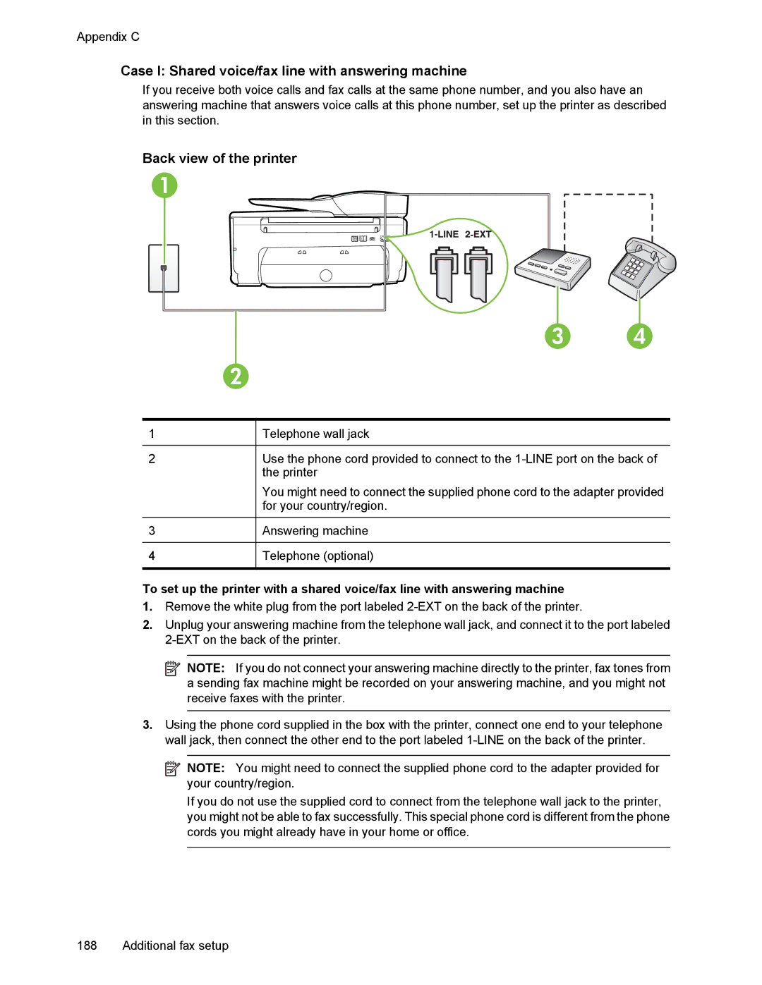 HP 6700 manual Case I Shared voice/fax line with answering machine, Back view of the printer 