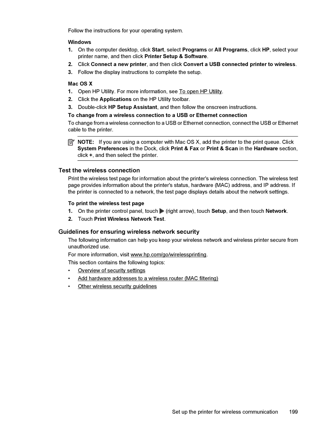 HP 6700 manual Test the wireless connection, Guidelines for ensuring wireless network security 