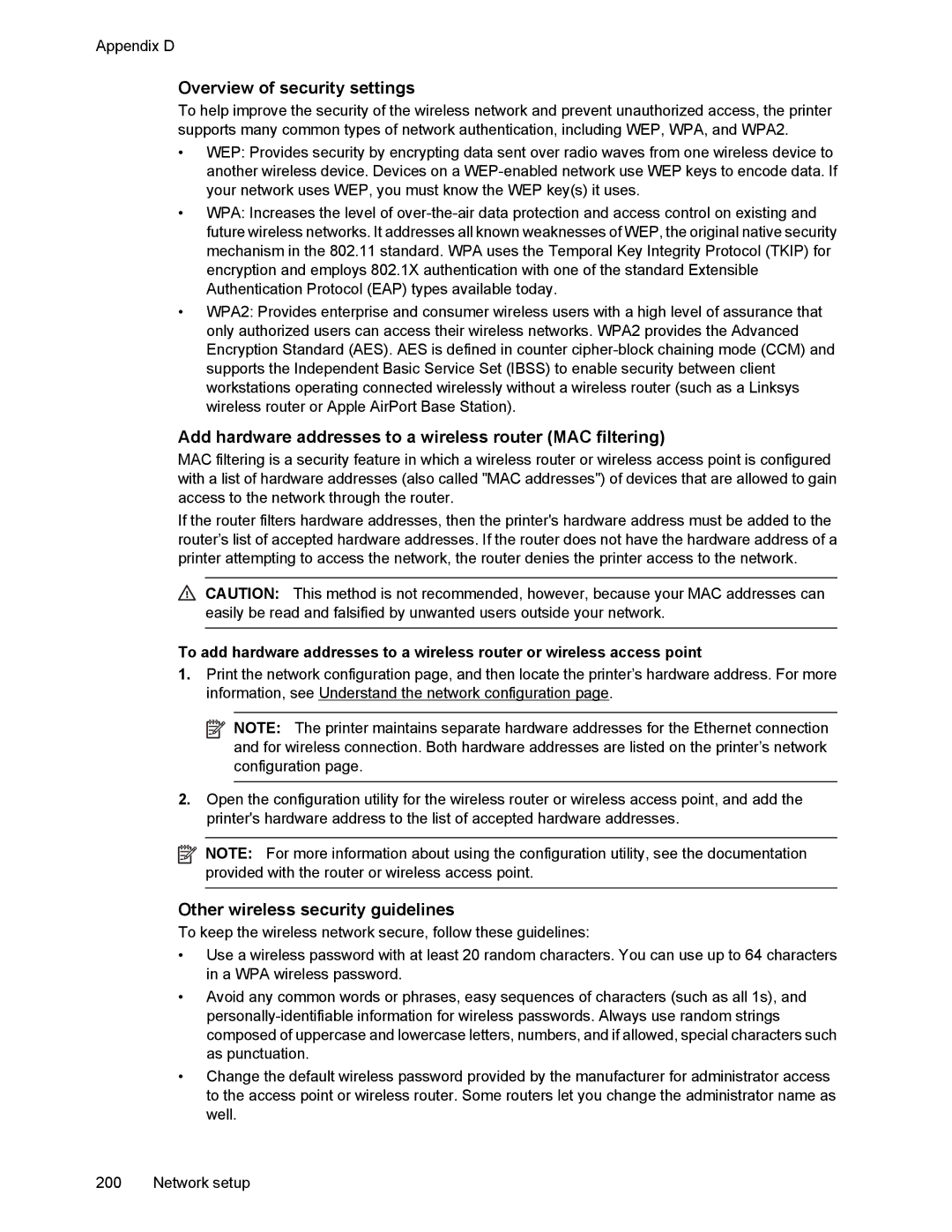 HP 6700 manual Overview of security settings, Add hardware addresses to a wireless router MAC filtering 