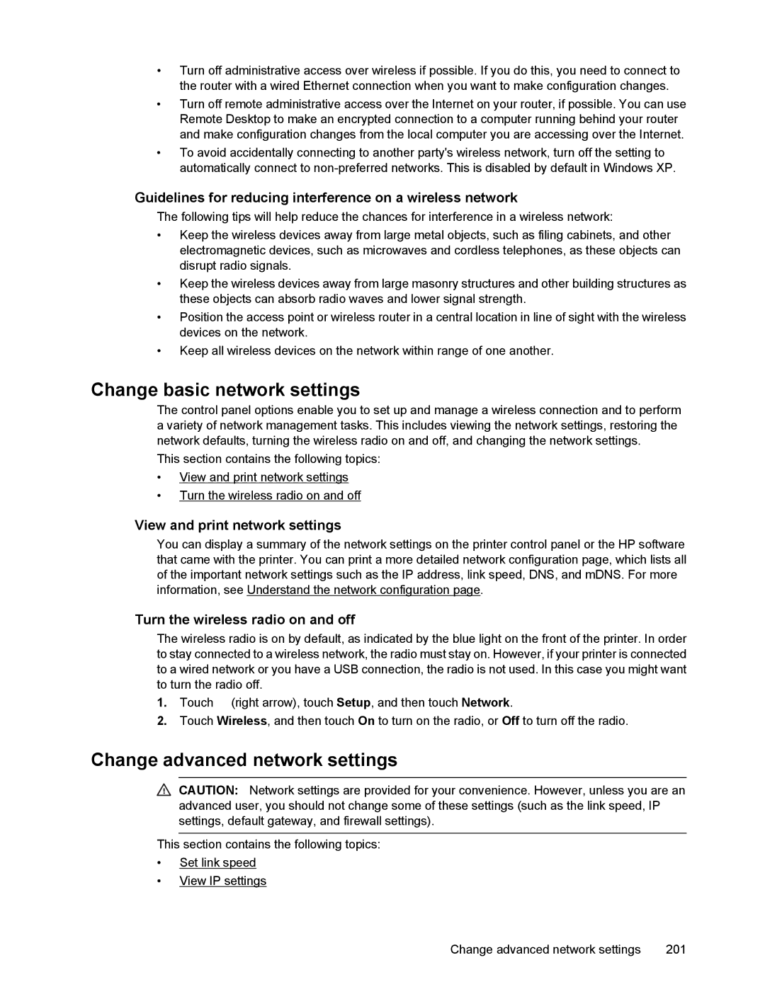 HP 6700 manual Change basic network settings, Change advanced network settings, View and print network settings 