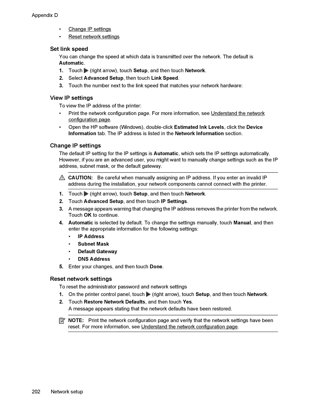 HP 6700 manual Set link speed, View IP settings, Change IP settings, Reset network settings 