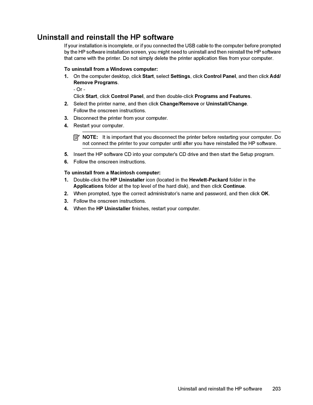HP 6700 manual Uninstall and reinstall the HP software, To uninstall from a Windows computer 