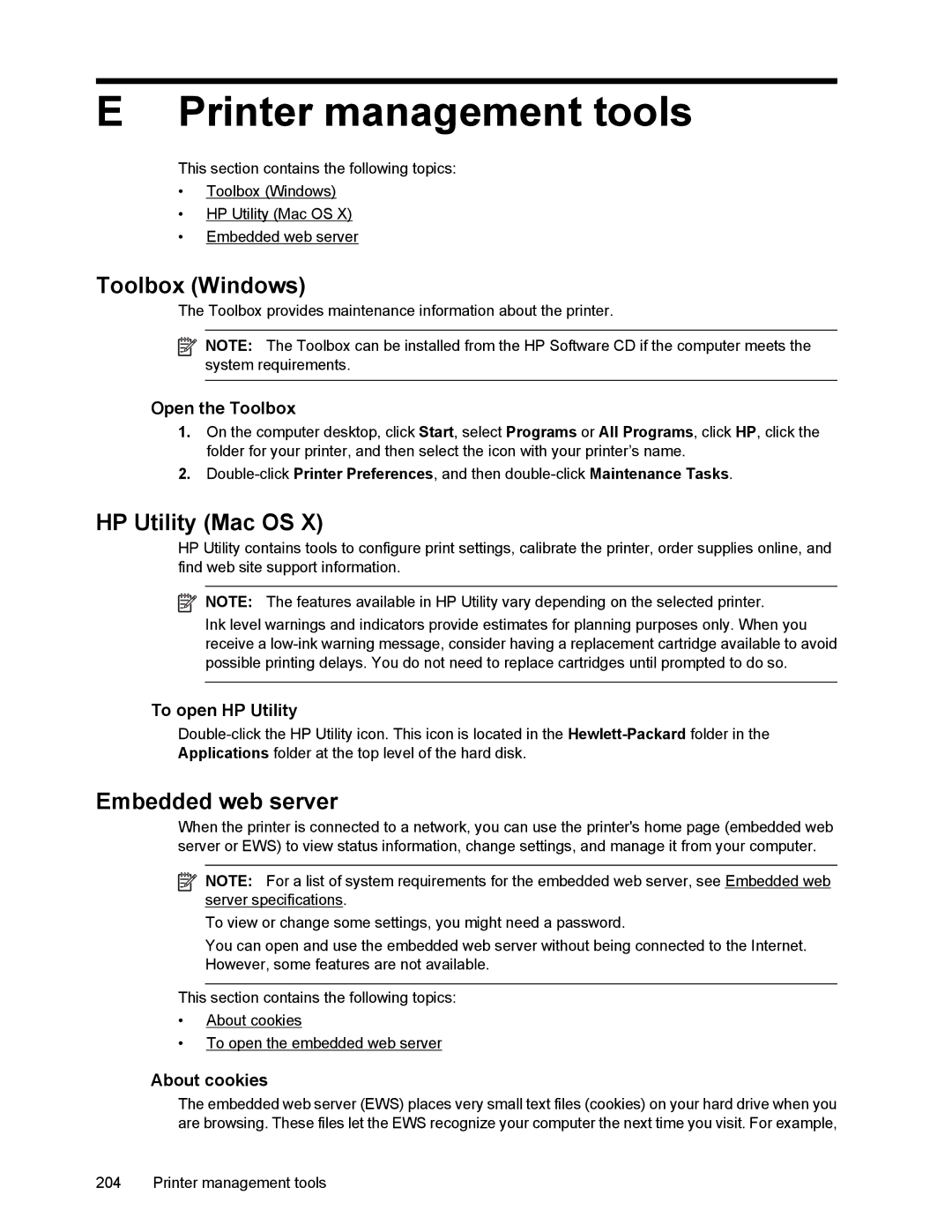 HP 6700 manual Printer management tools, Toolbox Windows, HP Utility Mac OS, Embedded web server 