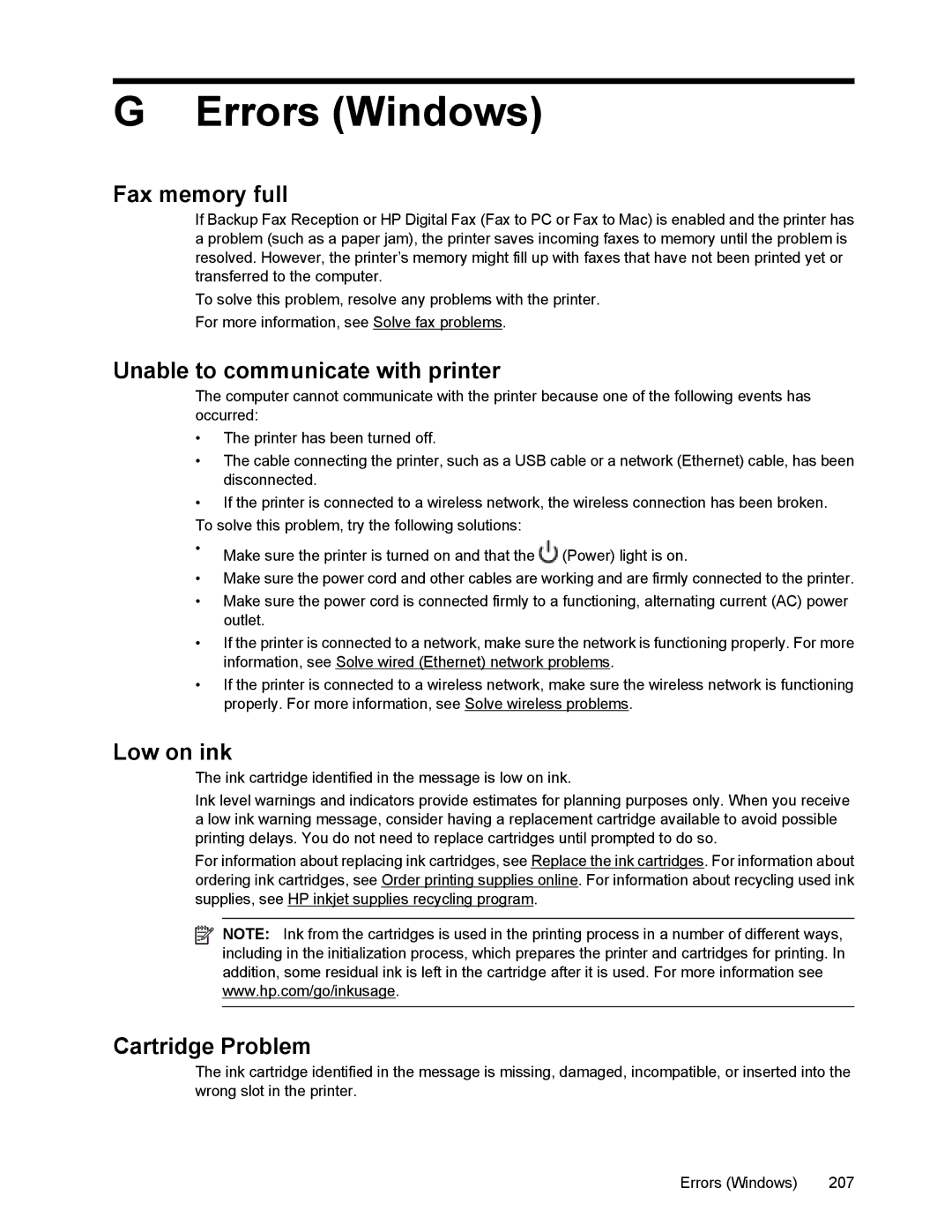 HP 6700 manual Errors Windows, Fax memory full, Unable to communicate with printer, Low on ink, Cartridge Problem 