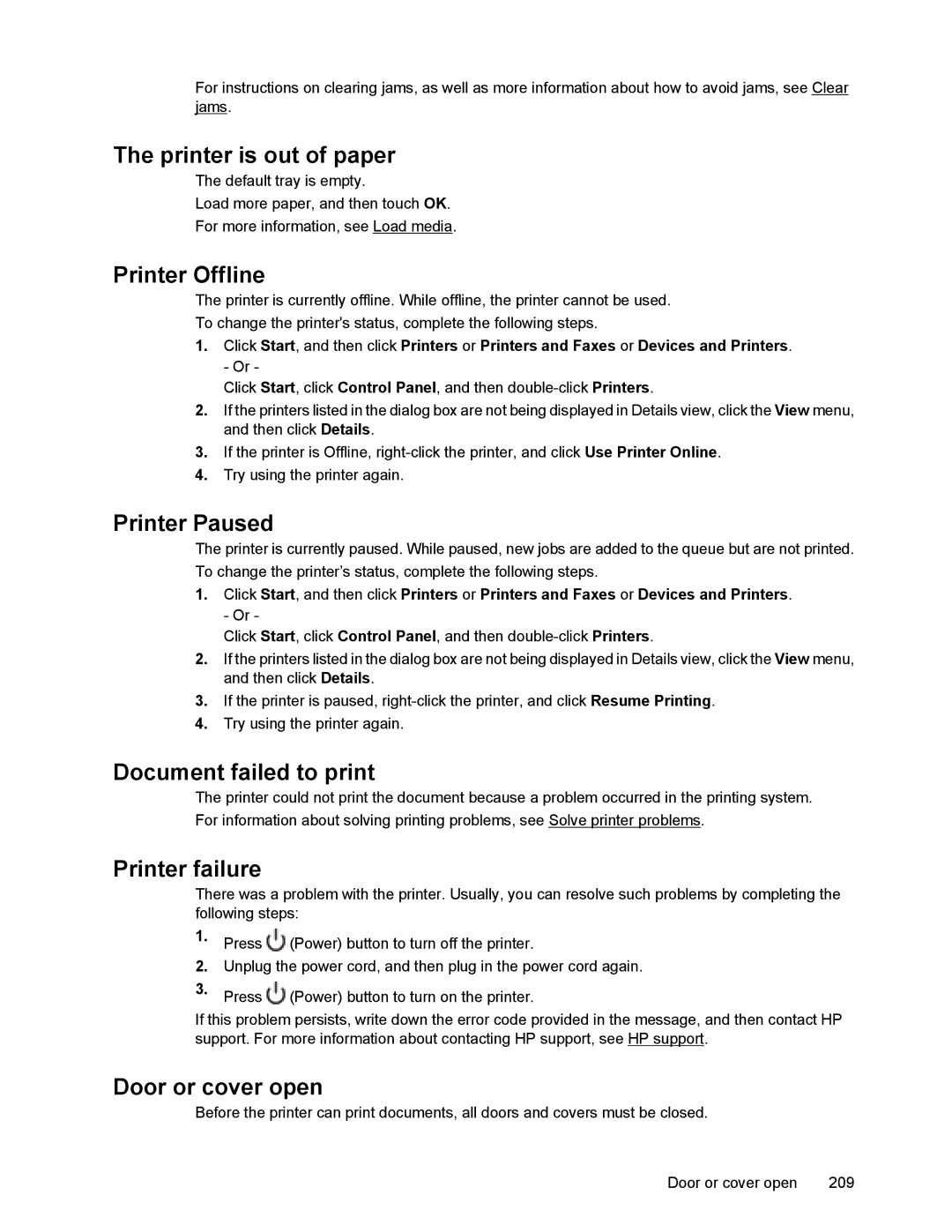 HP 6700 manual Printer is out of paper, Printer Offline, Printer Paused, Document failed to print, Printer failure 