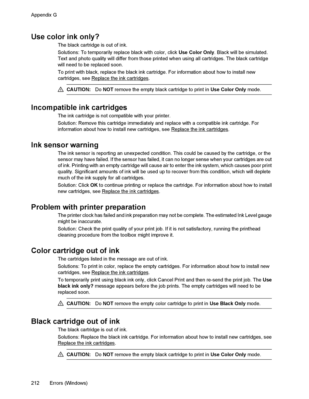 HP 6700 manual Use color ink only?, Incompatible ink cartridges, Ink sensor warning, Problem with printer preparation 