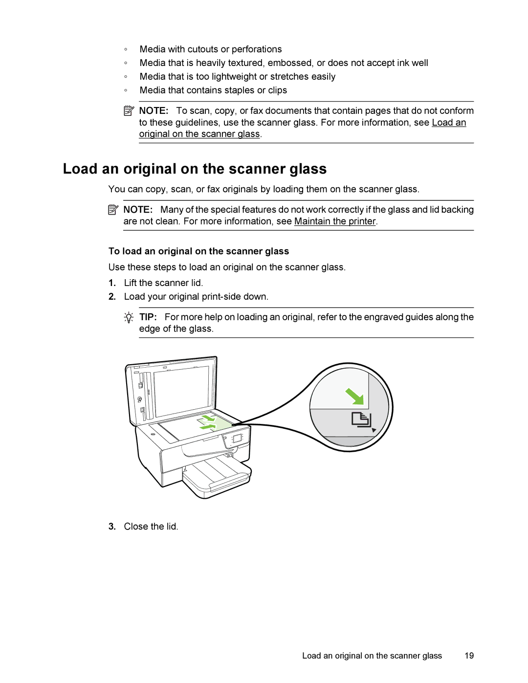 HP 6700 manual Load an original on the scanner glass, To load an original on the scanner glass 