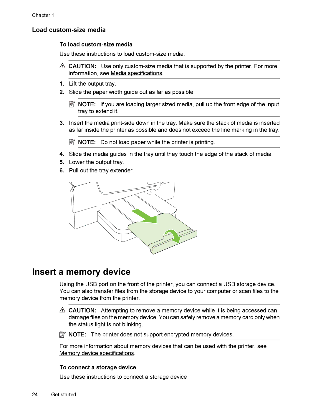 HP 6700 manual Insert a memory device, Load custom-size media, To load custom-size media, To connect a storage device 