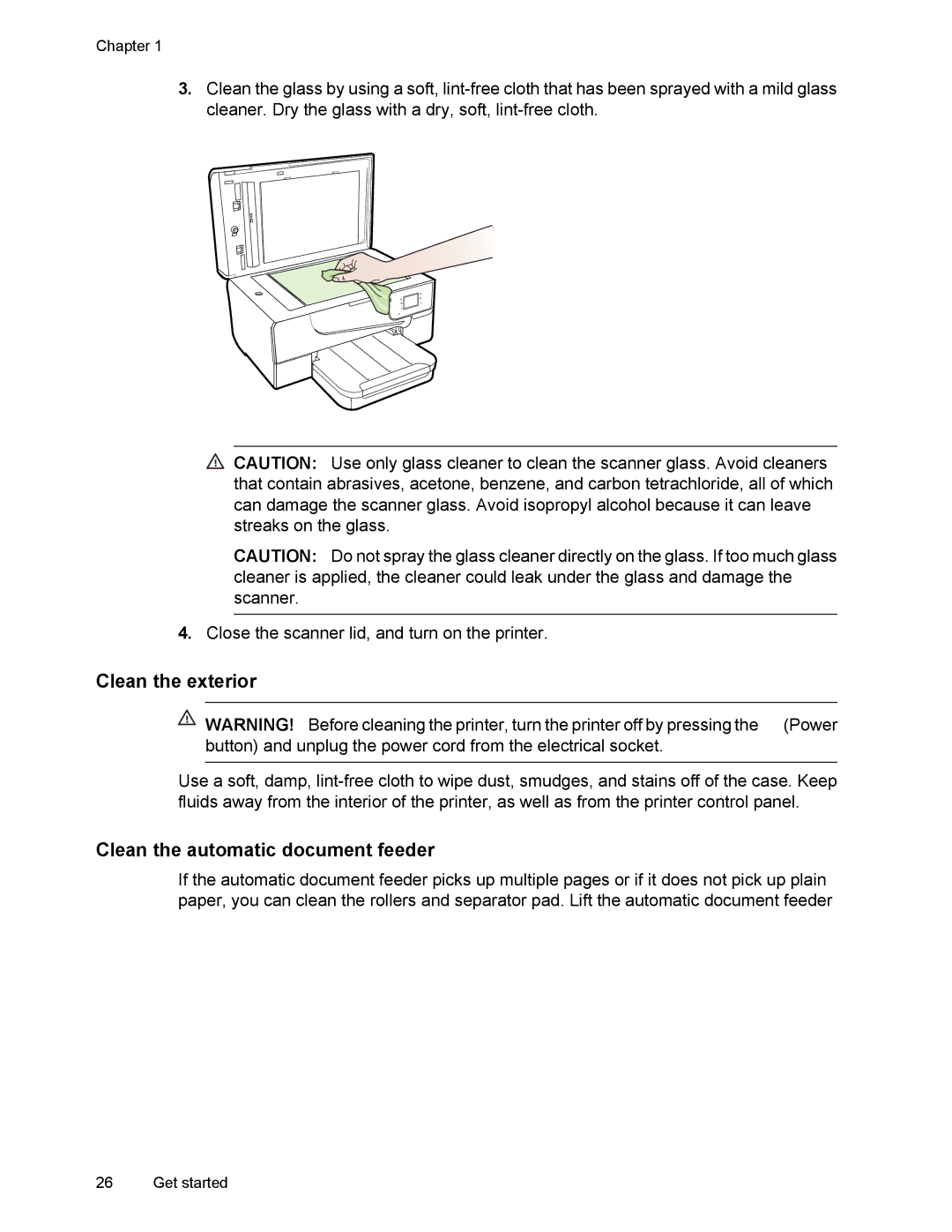 HP 6700 manual Clean the exterior, Clean the automatic document feeder 