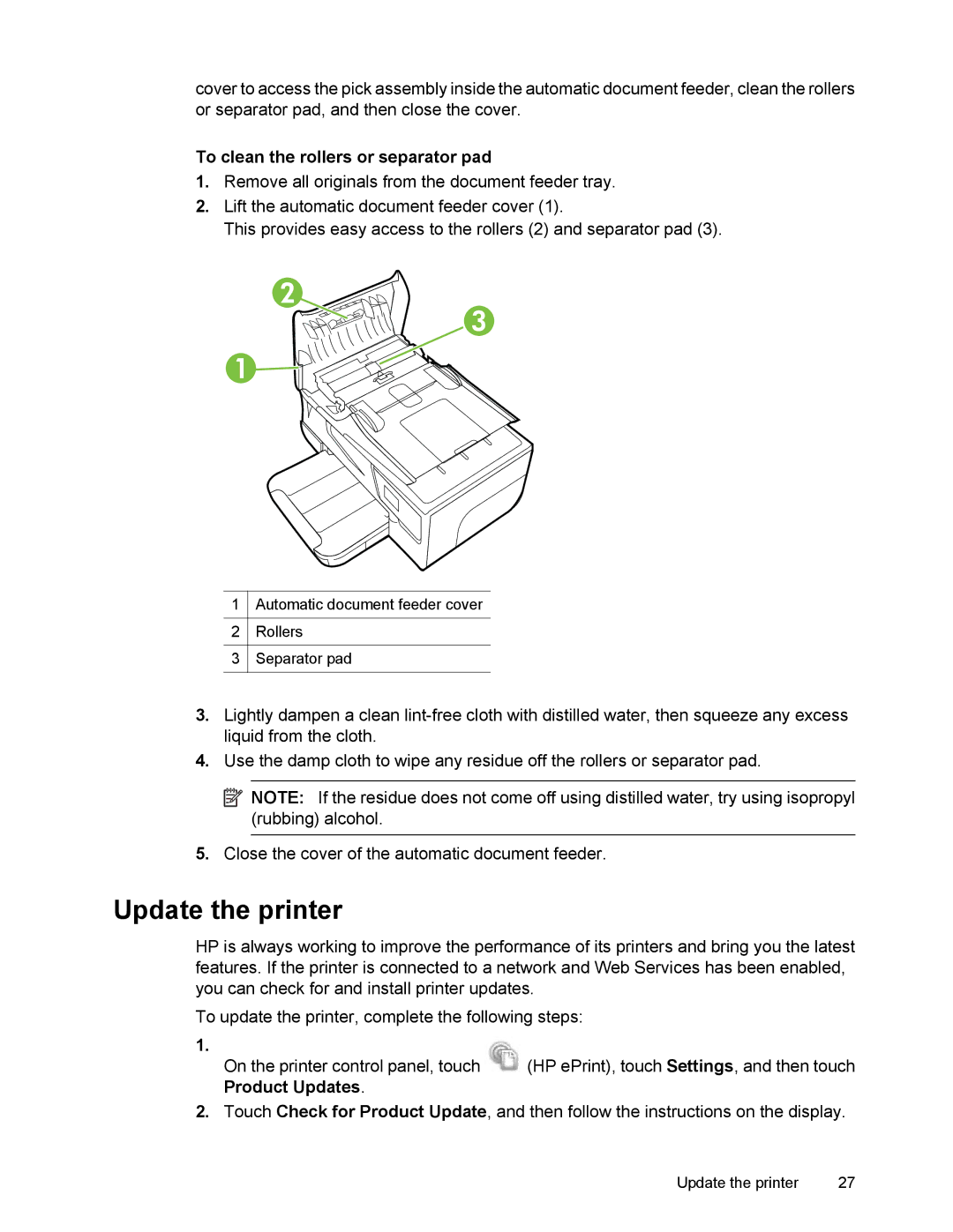 HP 6700 manual Update the printer, To clean the rollers or separator pad 