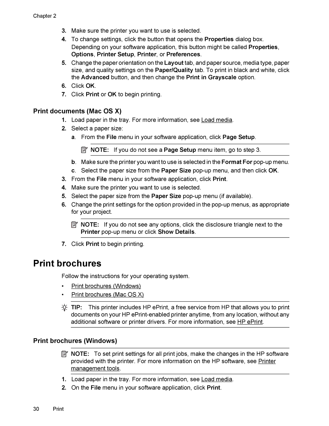 HP 6700 manual Print documents Mac OS, Print brochures Windows 