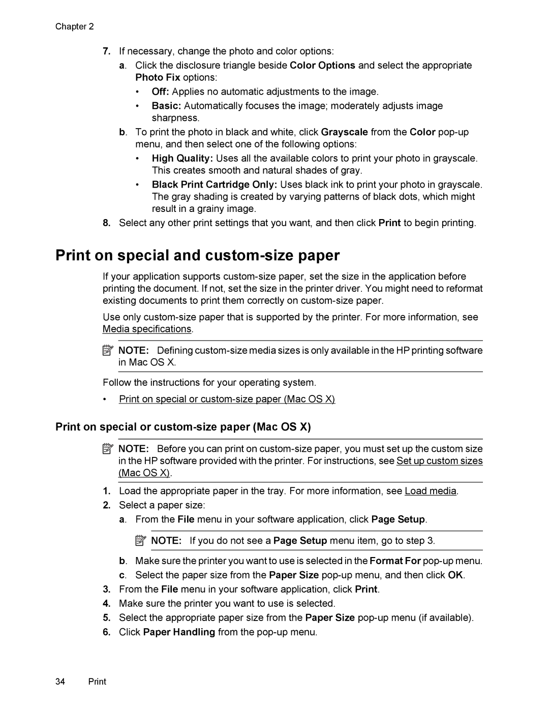 HP 6700 manual Print on special and custom-size paper, Print on special or custom-size paper Mac OS 