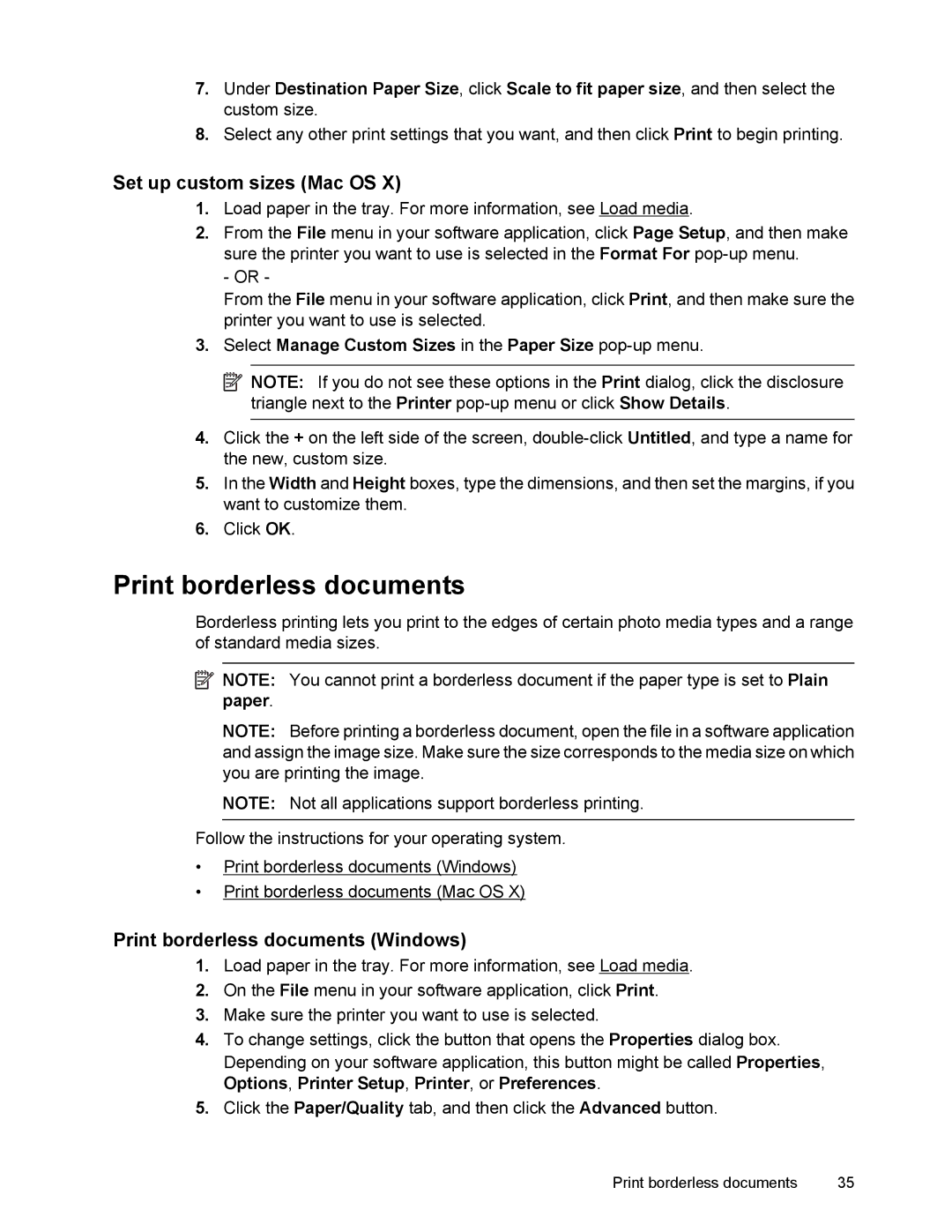 HP 6700 manual Set up custom sizes Mac OS, Print borderless documents Windows 