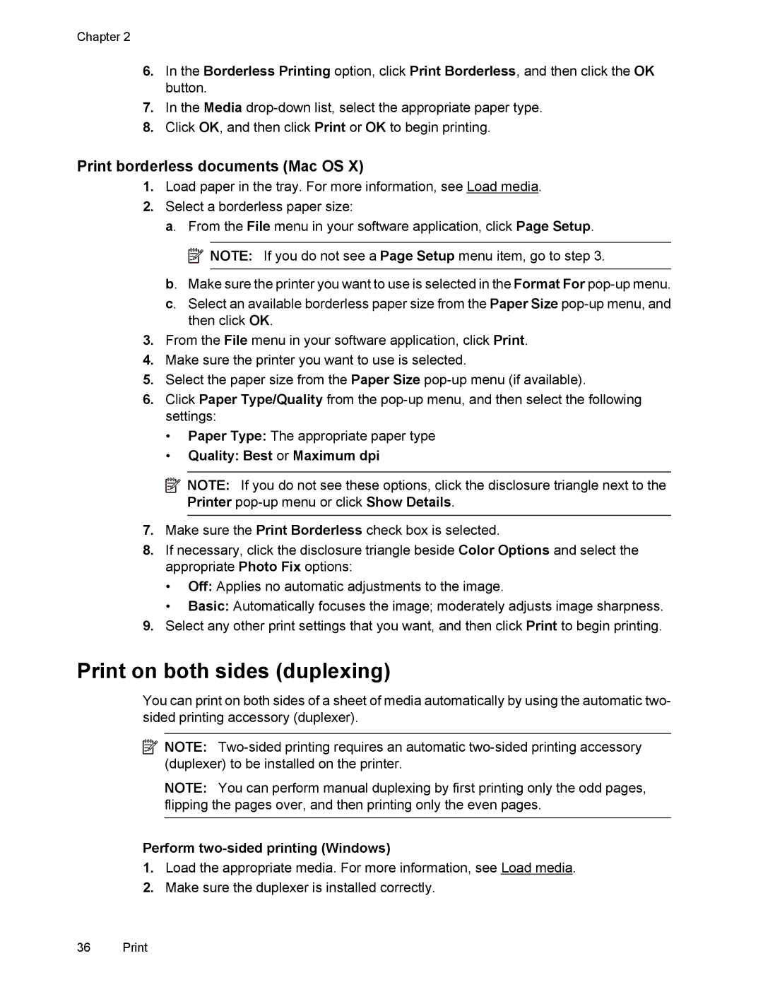 HP 6700 manual Print on both sides duplexing, Print borderless documents Mac OS, Perform two-sided printing Windows 