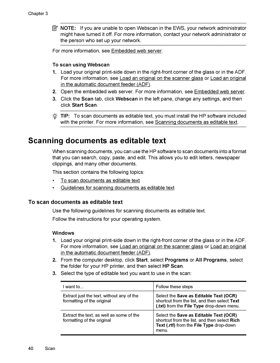 HP 6700 manual Scanning documents as editable text, To scan documents as editable text, To scan using Webscan, Windows 