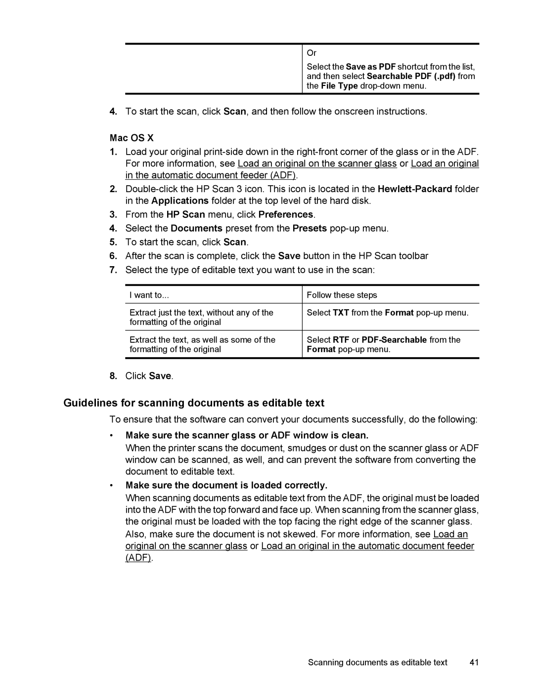 HP 6700 Guidelines for scanning documents as editable text, Mac OS, Make sure the scanner glass or ADF window is clean 