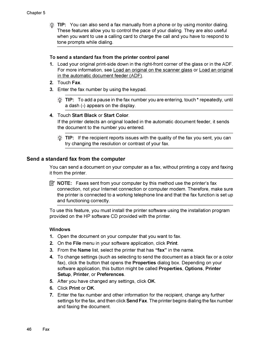 HP 6700 manual Send a standard fax from the computer, To send a standard fax from the printer control panel 