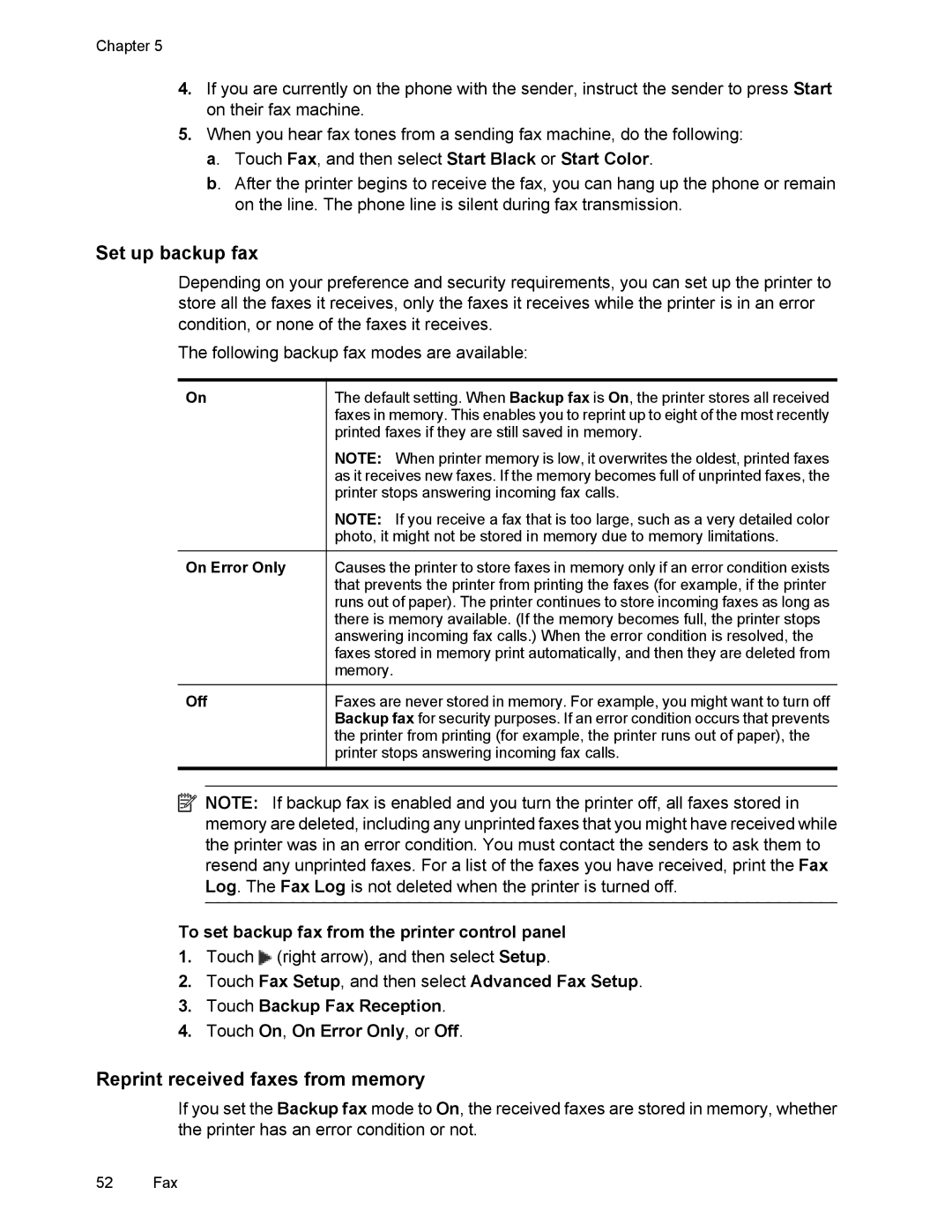 HP 6700 manual Set up backup fax, Reprint received faxes from memory, To set backup fax from the printer control panel 