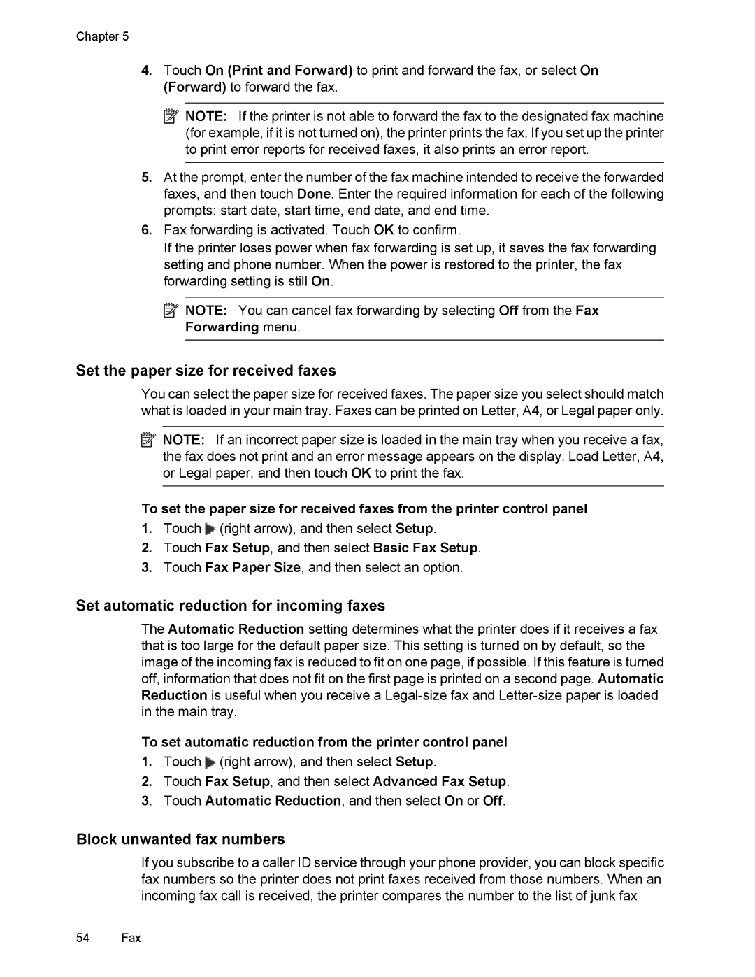 HP 6700 Set the paper size for received faxes, Set automatic reduction for incoming faxes, Block unwanted fax numbers 