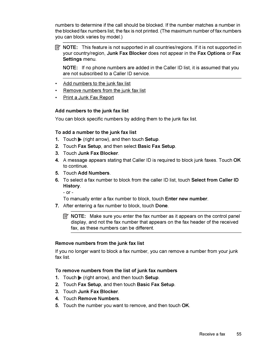 HP 6700 Add numbers to the junk fax list, To add a number to the junk fax list, Touch Junk Fax Blocker, Touch Add Numbers 