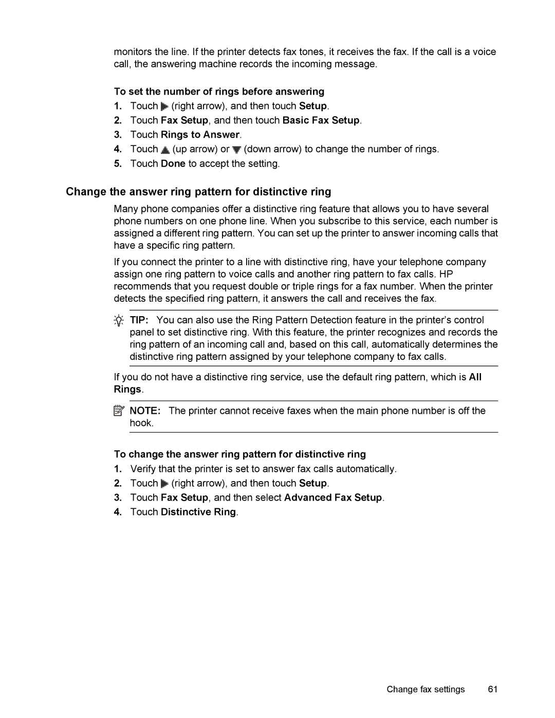 HP 6700 manual Change the answer ring pattern for distinctive ring, To set the number of rings before answering 